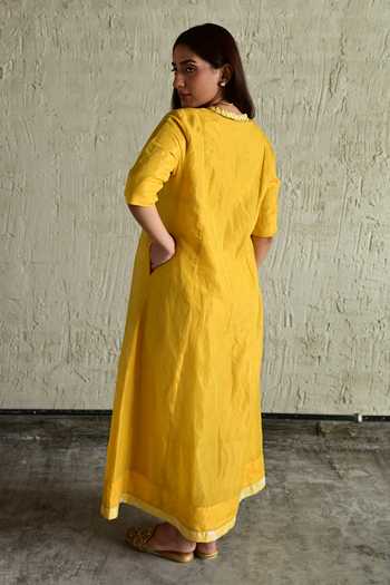Shop_Shorshe Clothing_Yellow Tissue V-neck Hand Embroidered Long Kurta _at_Aza_Fashions