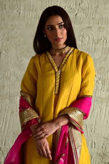 Shop_Shorshe Clothing_Yellow Tissue V-neck Hand Embroidered Long Kurta _Online_at_Aza_Fashions
