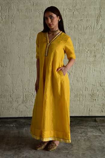 Shorshe Clothing_Yellow Tissue V-neck Hand Embroidered Long Kurta _at_Aza_Fashions