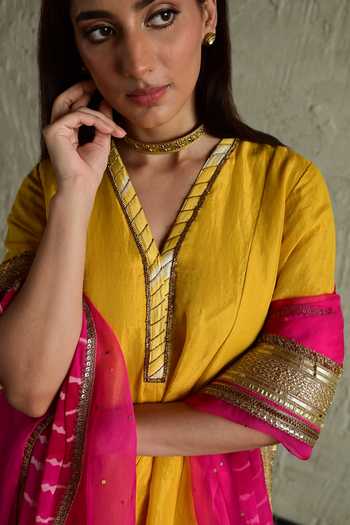 Shop_Shorshe Clothing_Yellow Tissue V-neck Hand Embroidered Long Kurta 