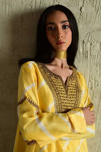 Buy_Shorshe Clothing_Yellow Silk, Modal V-neck Hand Embroidered Kurta And Skirt Set _Online_at_Aza_Fashions