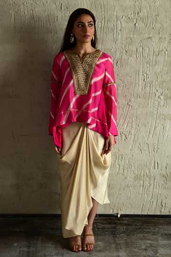 Shop_Shorshe Clothing_Pink Silk, Modal V-neck Leheriya Pattern Top And Skirt Set _at_Aza_Fashions
