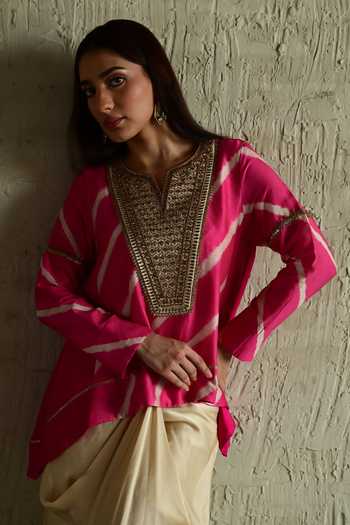 Shorshe Clothing_Pink Silk, Modal V-neck Leheriya Pattern Top And Skirt Set _Online_at_Aza_Fashions