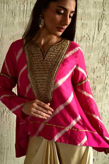 Buy_Shorshe Clothing_Pink Silk, Modal V-neck Leheriya Pattern Top And Skirt Set _Online_at_Aza_Fashions