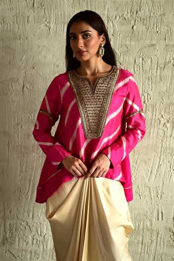Shop_Shorshe Clothing_Pink Silk, Modal V-neck Leheriya Pattern Top And Skirt Set _Online_at_Aza_Fashions