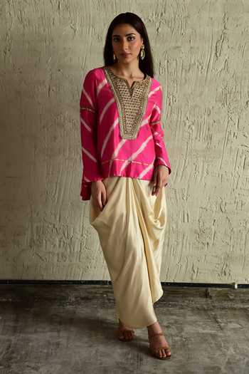Buy_Shorshe Clothing_Pink Silk, Modal V-neck Leheriya Pattern Top And Skirt Set _at_Aza_Fashions