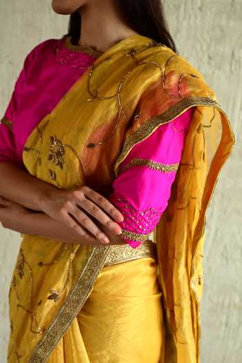 Shorshe Clothing_Yellow , Silk, Tissue Floral Embroidered Saree _Online_at_Aza_Fashions
