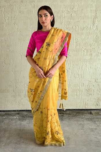 Buy_Shorshe Clothing_Yellow , Silk, Tissue Floral Embroidered Saree _at_Aza_Fashions