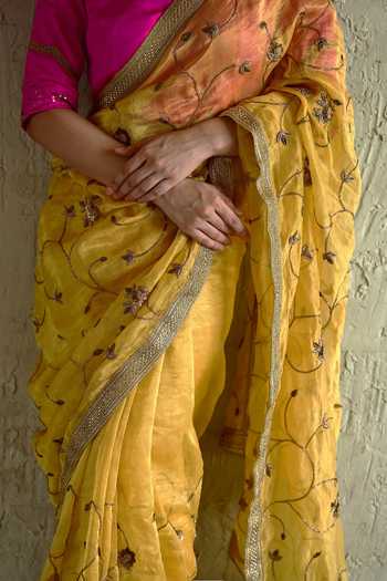 Buy_Shorshe Clothing_Yellow , Silk, Tissue Floral Embroidered Saree _Online_at_Aza_Fashions