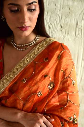Shorshe Clothing_Orange Silk, , Silk, Tissue Floral Embroidered Saree _Online_at_Aza_Fashions