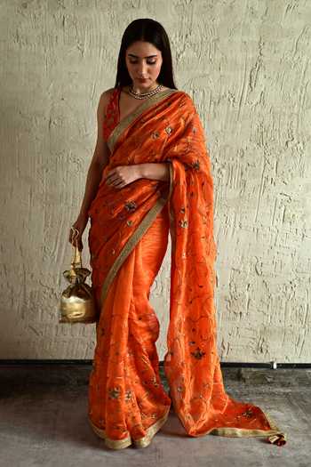 Shop_Shorshe Clothing_Orange Silk, , Silk, Tissue Floral Embroidered Saree _at_Aza_Fashions