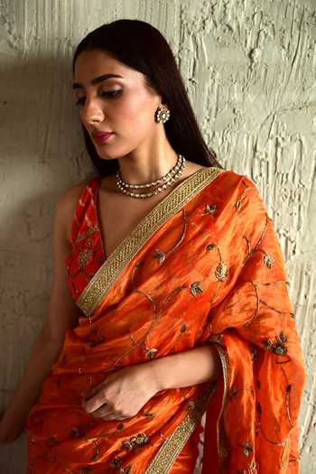 Buy_Shorshe Clothing_Orange Silk, , Silk, Tissue Floral Embroidered Saree _Online_at_Aza_Fashions