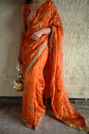 Shop_Shorshe Clothing_Orange Silk, , Silk, Tissue Floral Embroidered Saree _Online_at_Aza_Fashions