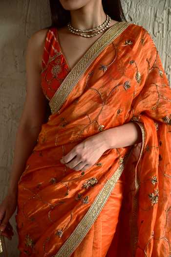Shorshe Clothing_Orange Silk, , Silk, Tissue Floral Embroidered Saree _at_Aza_Fashions
