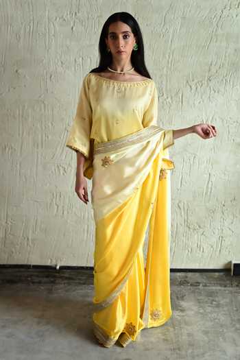 Buy_Shorshe Clothing_Yellow Silk, Modal Shaded Hand Embroidered Saree _at_Aza_Fashions