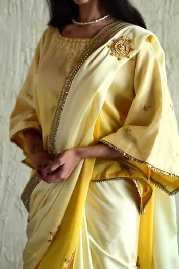 Shorshe Clothing_Yellow Silk, Modal Shaded Hand Embroidered Saree _Online_at_Aza_Fashions