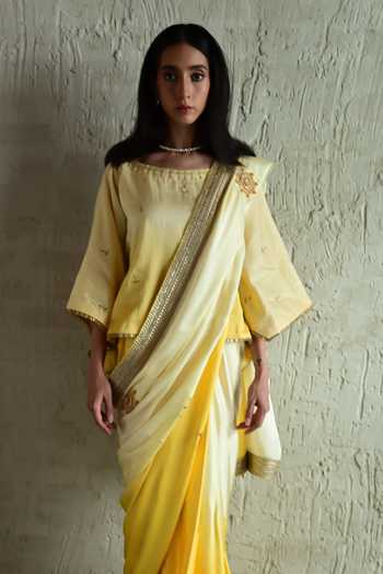 Buy_Shorshe Clothing_Yellow Silk, Modal Shaded Hand Embroidered Saree _Online_at_Aza_Fashions