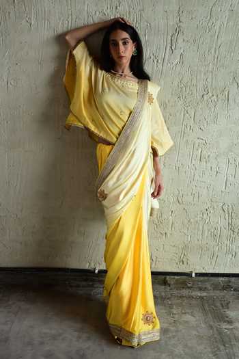 Shop_Shorshe Clothing_Yellow Silk, Modal Shaded Hand Embroidered Saree _at_Aza_Fashions