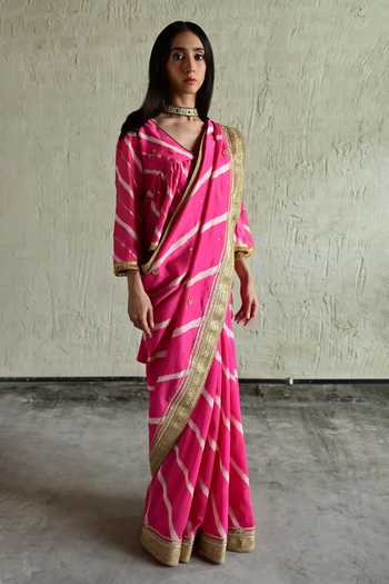 Shorshe Clothing_Pink Silk Leheriya Pattern Saree _Online_at_Aza_Fashions