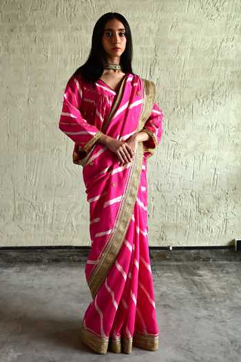 Buy_Shorshe Clothing_Pink Silk Leheriya Pattern Saree _at_Aza_Fashions