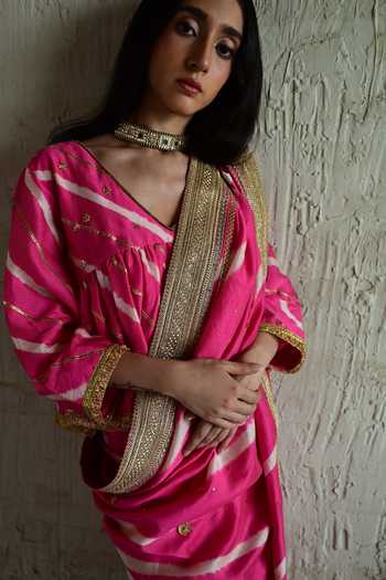Shop_Shorshe Clothing_Pink Silk Leheriya Pattern Saree _Online_at_Aza_Fashions