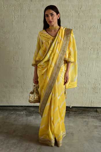 Buy_Shorshe Clothing_Gold Silk Leheriya Stripe Pattern Saree _at_Aza_Fashions