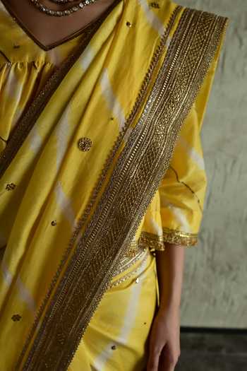 Buy_Shorshe Clothing_Gold Silk Leheriya Stripe Pattern Saree _Online_at_Aza_Fashions