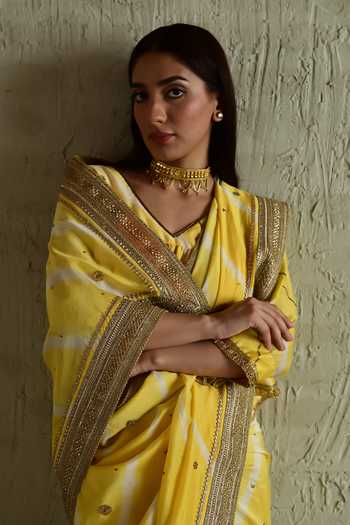 Shop_Shorshe Clothing_Gold Silk Leheriya Stripe Pattern Saree _at_Aza_Fashions