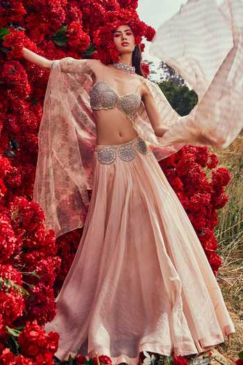 Shop_Bhumika Sharma_Beige Organza, Shantoon, Net And Satin Crepe Dabka & Embroidered Cape Lehenga Set_at_Aza_Fashions
