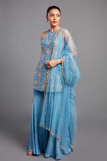Shop_Chamee & Palak_Sky Blue Silk, Georgette, Net Halter Neck Zardozi Embroidered Kurta Sharara Set _at_Aza_Fashions