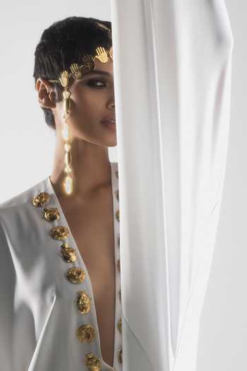 Shop_Masaba_White Georgette Embroidery Plunge Neck The Rann Mascot Embellished Kaftan _at_Aza_Fashions