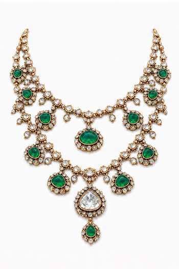 Shop_Vivinia By Vidhi Mehra_Emerald Green Double-layered Stone Kundan Necklace _at_Aza_Fashions