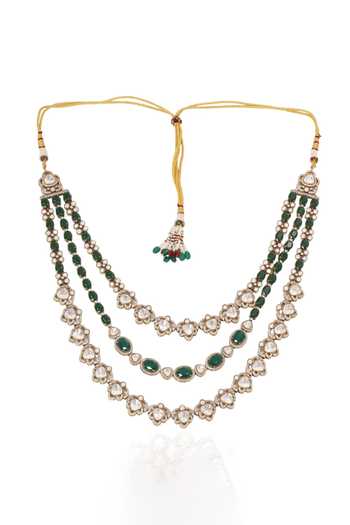 Shop_Vivinia By Vidhi Mehra_Green Three-layered Beaded Kundan Mala _at_Aza_Fashions