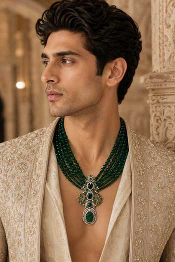 Buy_Vivinia By Vidhi Mehra_Emerald Green Multi-layered Beaded Pendant Necklace _at_Aza_Fashions