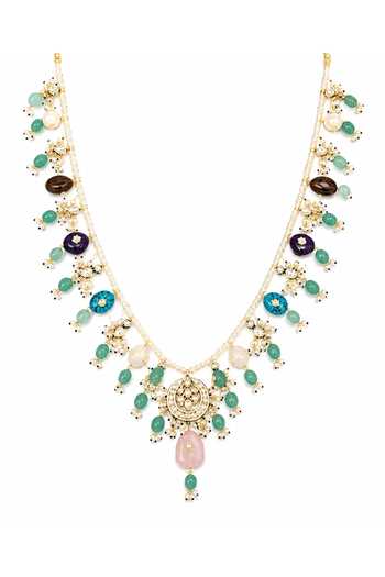 Shop_Vivinia By Vidhi Mehra_Multi Color Multicolour Stone Kundan Pearl Necklace _at_Aza_Fashions