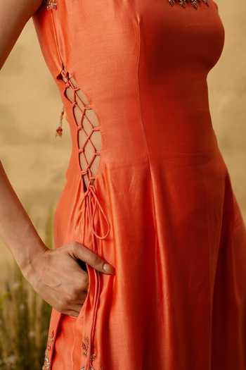 Quench A Thirst_Orange Silk, Organza, Chanderi Scoop Neck Embroidered Kurta Set _Online_at_Aza_Fashions