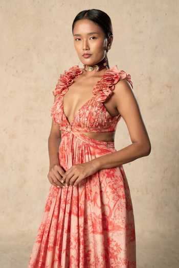 Basil Leaf_Peach Tissue Halter Neck Printed Gown _Online_at_Aza_Fashions