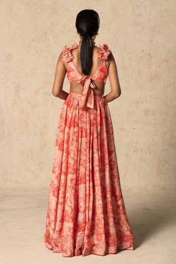 Shop_Basil Leaf_Peach Tissue Halter Neck Printed Gown _at_Aza_Fashions
