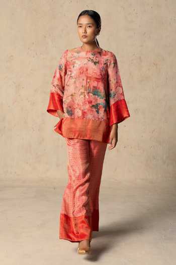 Basil Leaf_Peach Tissue Round Neck Printed Top And Pant Set _Online_at_Aza_Fashions