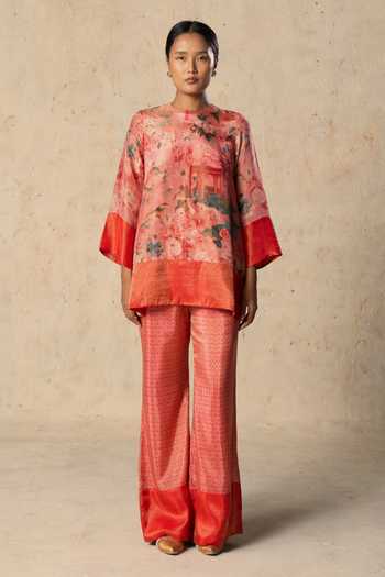 Buy_Basil Leaf_Peach Tissue Round Neck Printed Top And Pant Set _at_Aza_Fashions