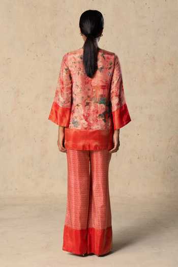 Shop_Basil Leaf_Peach Tissue Round Neck Printed Top And Pant Set _at_Aza_Fashions