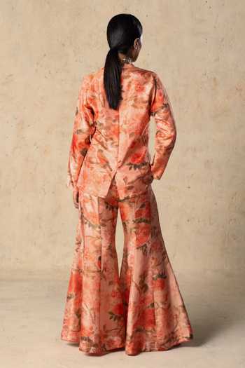 Shop_Basil Leaf_Peach Tissue Collared Neck Printed Jacket And Pant Set _at_Aza_Fashions
