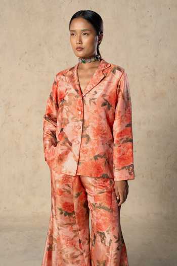 Basil Leaf_Peach Tissue Collared Neck Printed Jacket And Pant Set _Online_at_Aza_Fashions