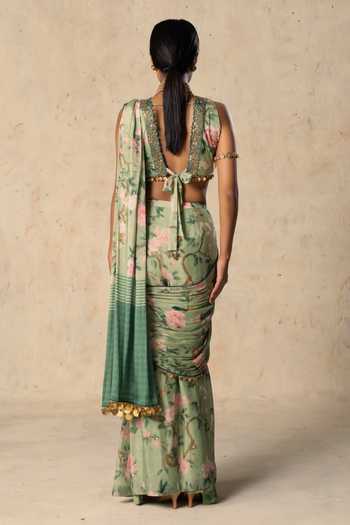 Shop_Basil Leaf_Green Chiffon V-neck Emerald Aura Printed Pre-draped Saree With Blouse _at_Aza_Fashions