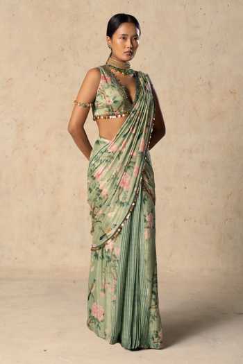 Buy_Basil Leaf_Green Chiffon V-neck Emerald Aura Printed Pre-draped Saree With Blouse _Online_at_Aza_Fashions