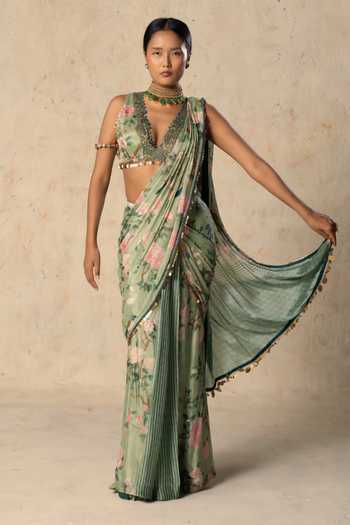 Shop_Basil Leaf_Green Chiffon V-neck Emerald Aura Printed Pre-draped Saree With Blouse _Online_at_Aza_Fashions