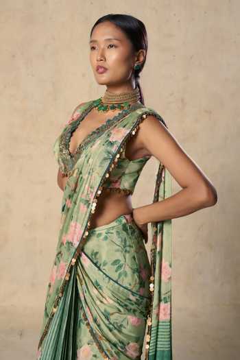 Basil Leaf_Green Chiffon V-neck Emerald Aura Printed Pre-draped Saree With Blouse _at_Aza_Fashions