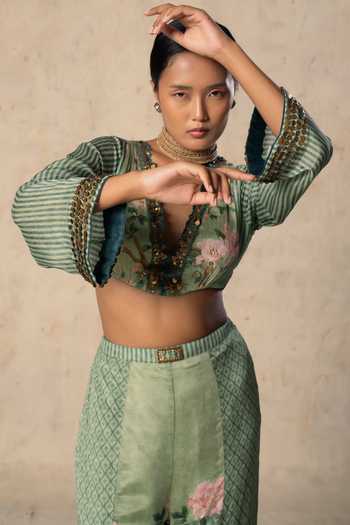 Basil Leaf_Green Chiffon V-neck Meadow Grace Printed Top And Pant Set _Online_at_Aza_Fashions