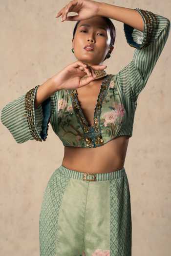 Buy_Basil Leaf_Green Chiffon V-neck Meadow Grace Printed Top And Pant Set _Online_at_Aza_Fashions
