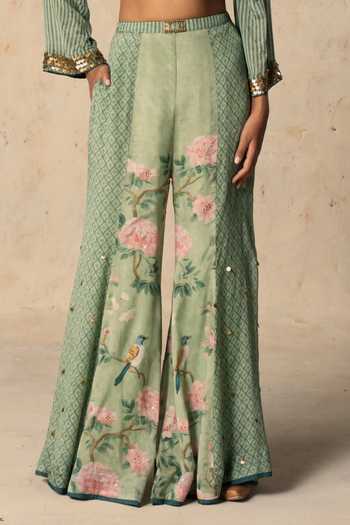 Shop_Basil Leaf_Green Chiffon V-neck Meadow Grace Printed Top And Pant Set _Online_at_Aza_Fashions